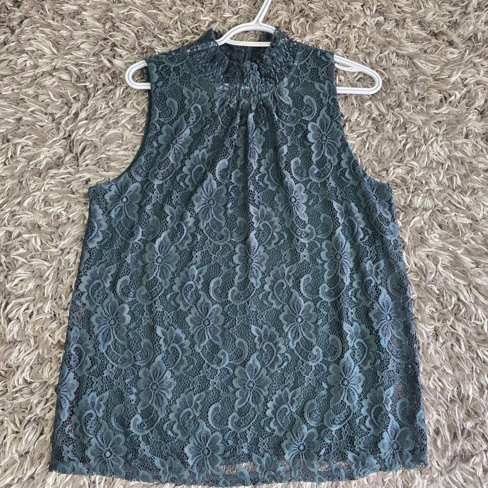 Cable & Gauge Womens Dark Teal Floral Lace Mock Neck Sleeveless Tank Top Lined